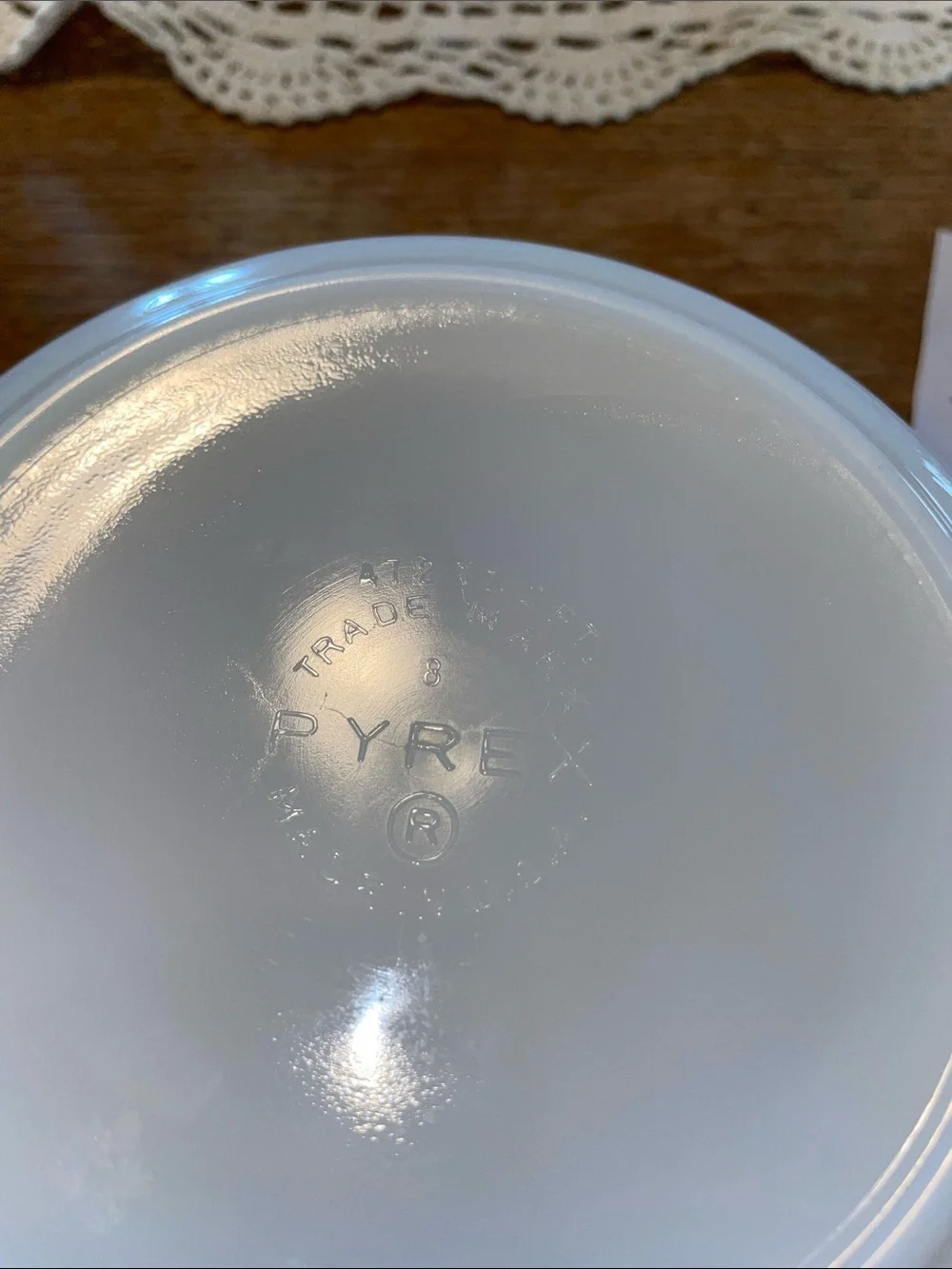 Pyrex White Milk Glass Casserole with Pink Gooseberry Cinderella pattern.